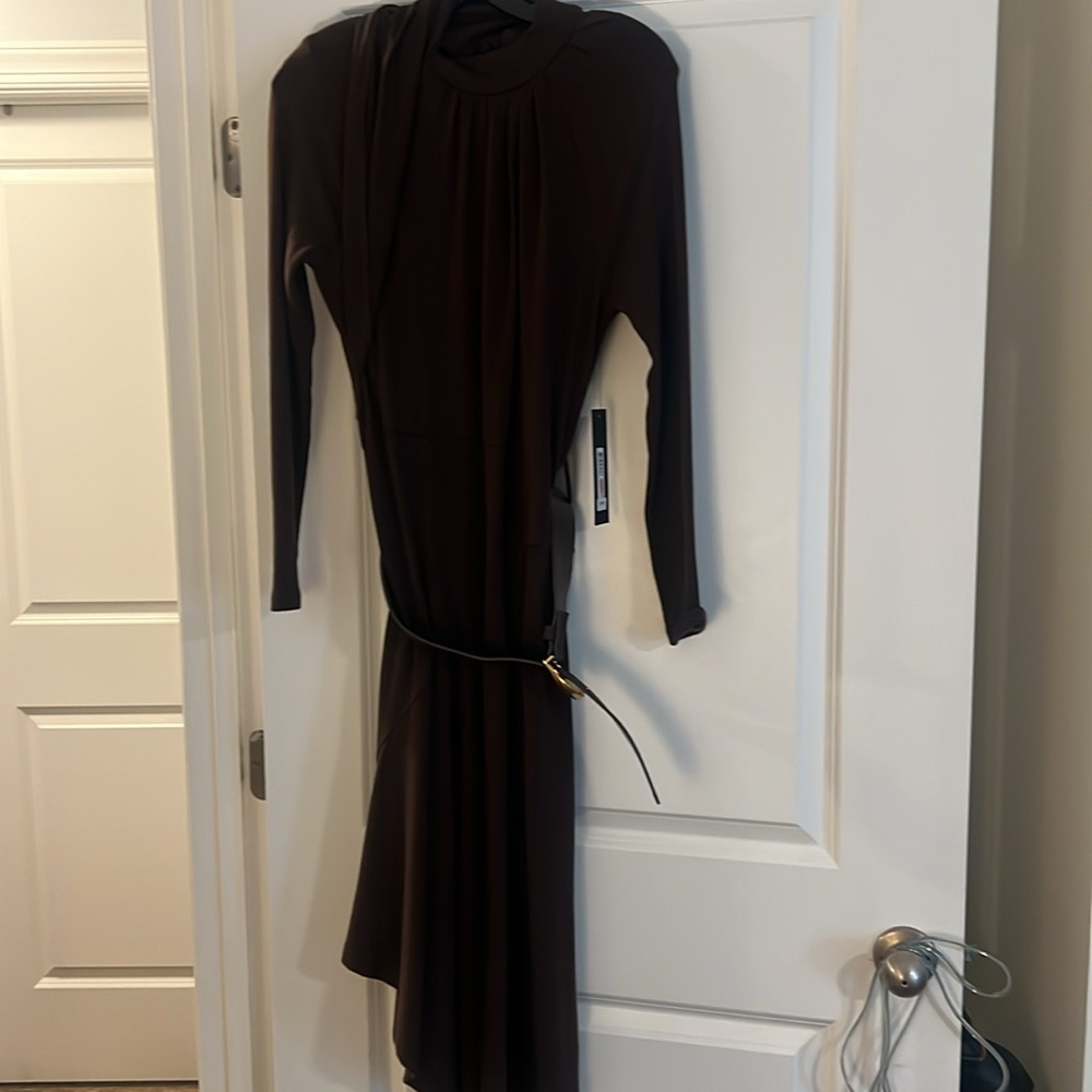 Donna Karan brown belted Asymmetrical Dress. Nwt xs - Picture 8 of 9